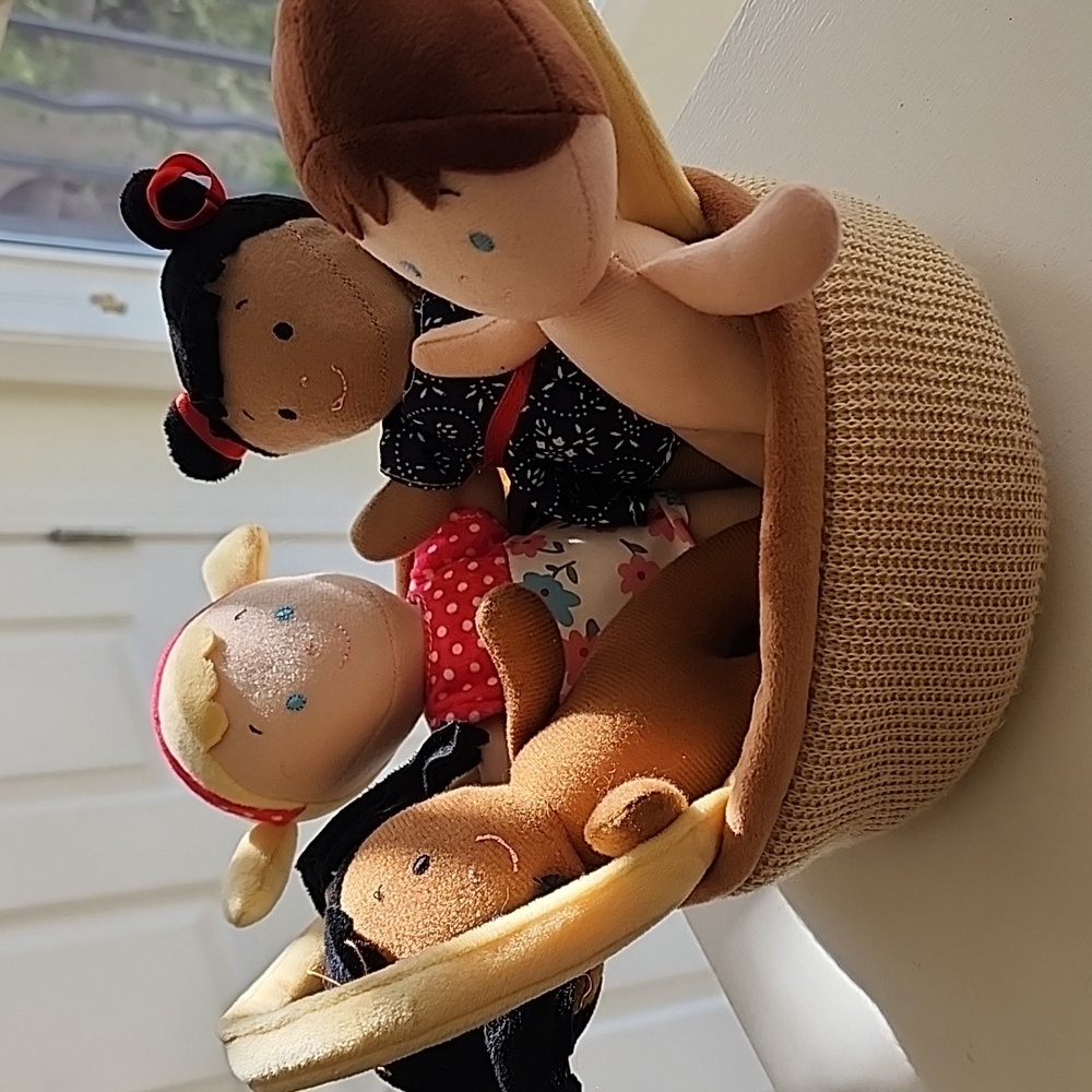 Tan and Brown Handmade Doll Set in Basket. Snuggle Stuffs